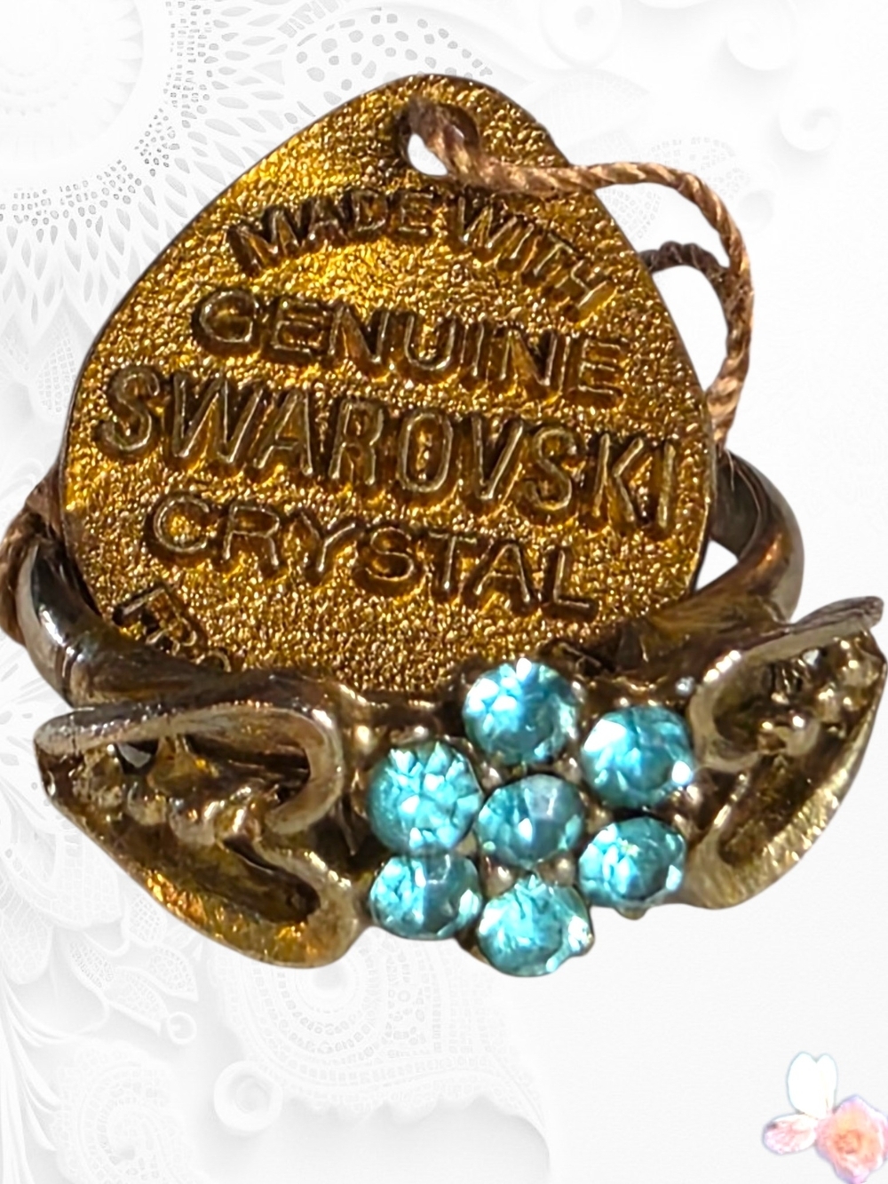 Vintage Swarovski Crystal Aqua Blue Floral Ring Gold Tone Size 7